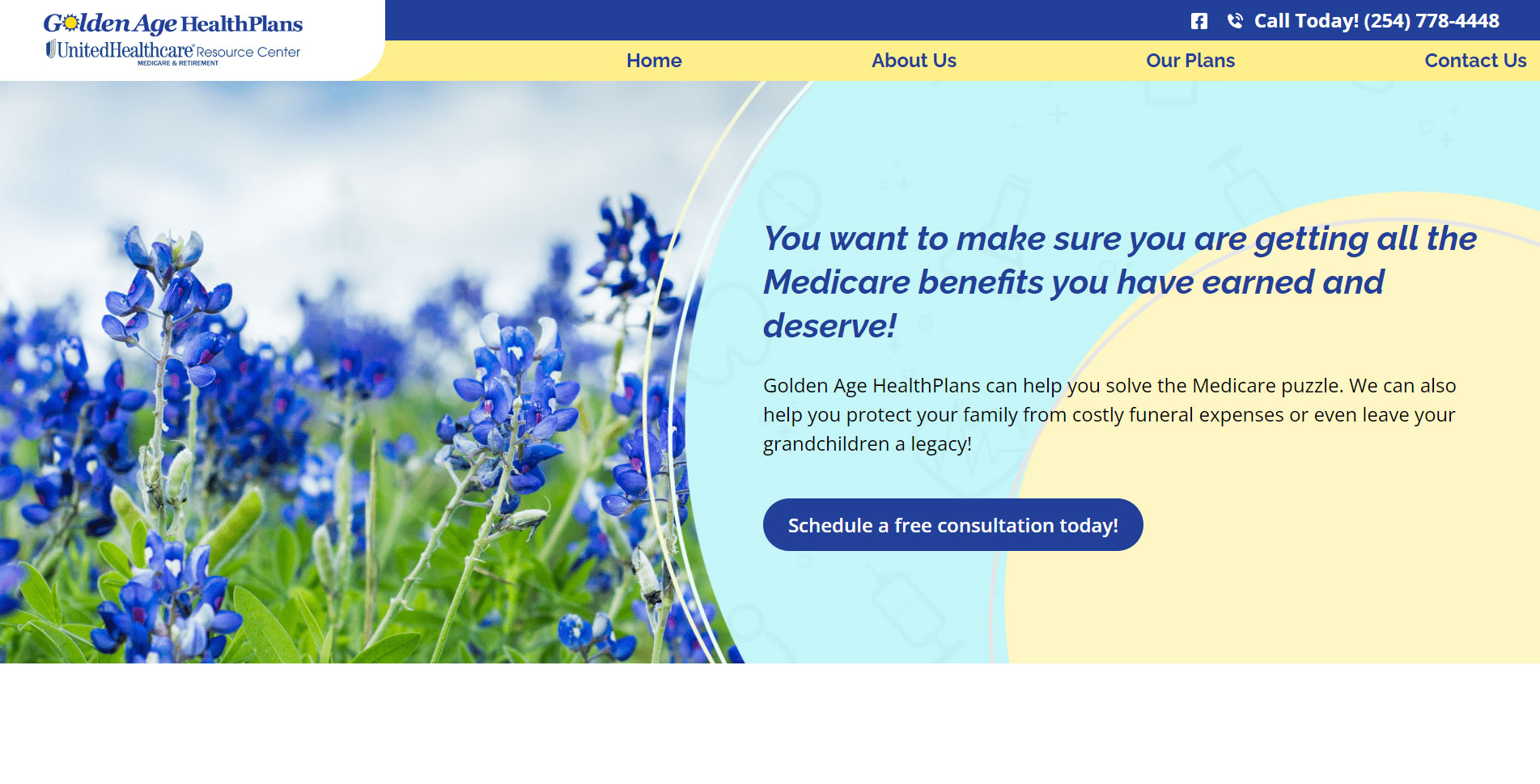 Bluebonnet flowers with welcome text for Golden Age HealthPlans Website